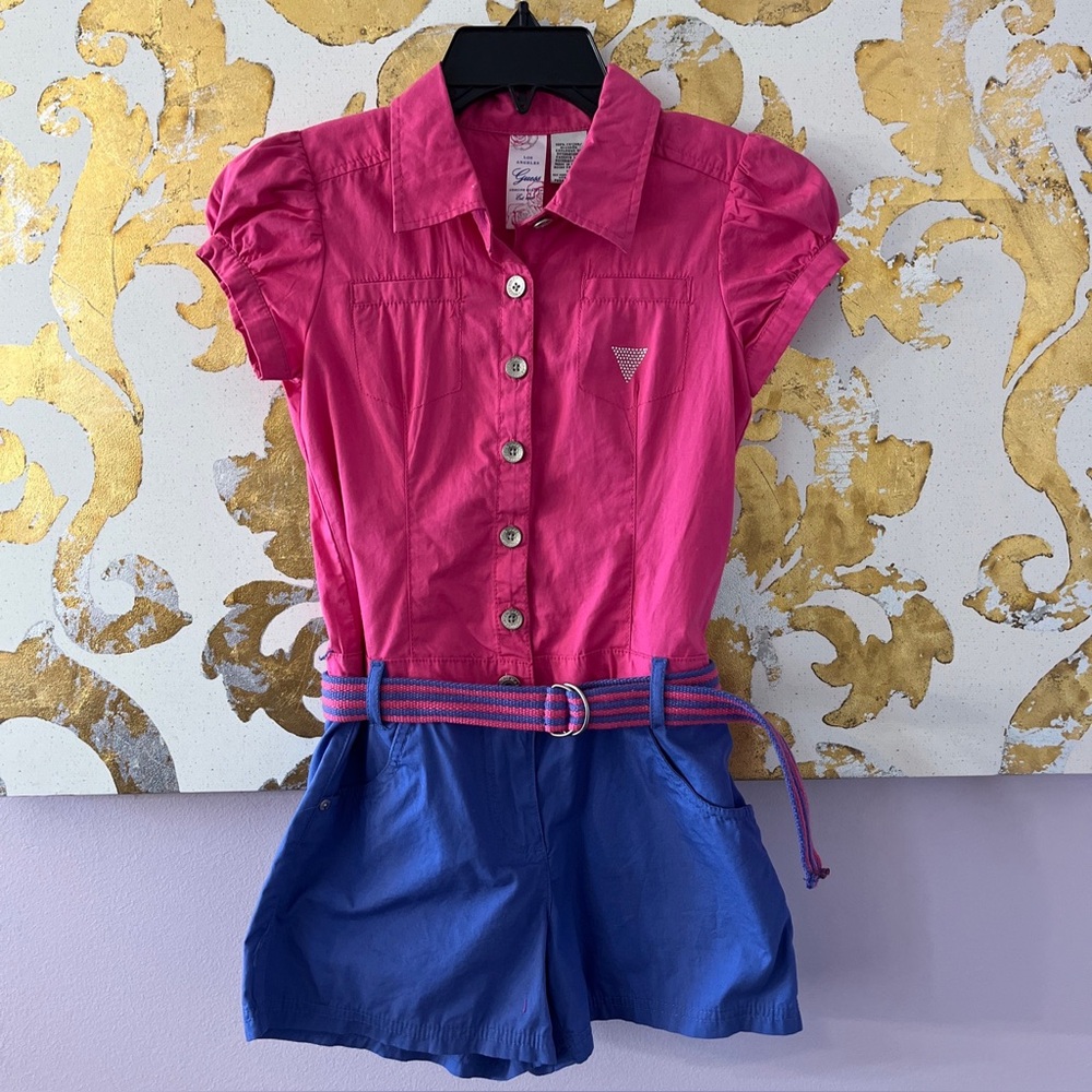 Guess Size 10 Vintage Pink And Blue‎ Kids Romper With Belt And Pockets